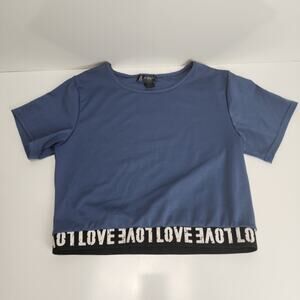 C Mode Blue Short Sleeve Black & White Elastic Band Crop Top Women's Size L